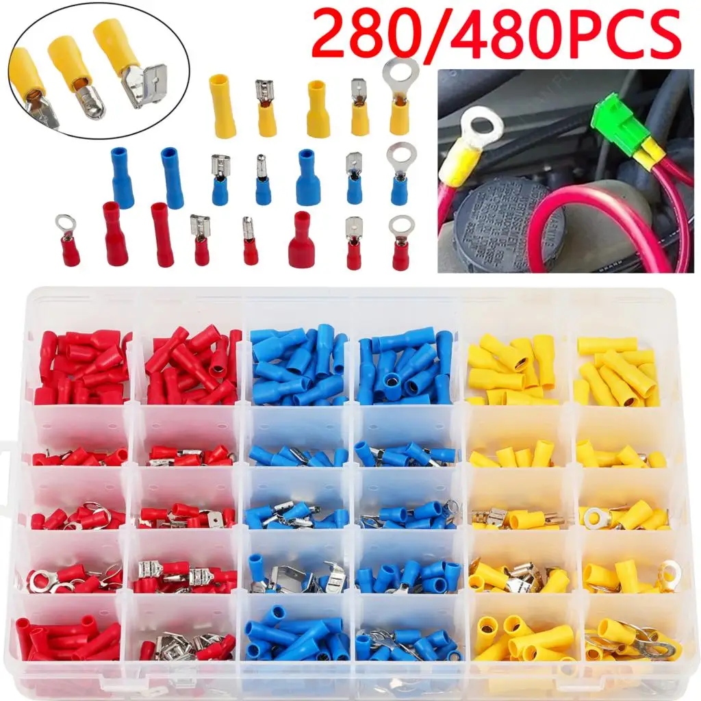 

280/480Pcs Assorted Spade Terminals Insulated Cable Connector Electrical Wire Crimp Butt Ring Fork Set Ring Lugs Rolled Kit Box