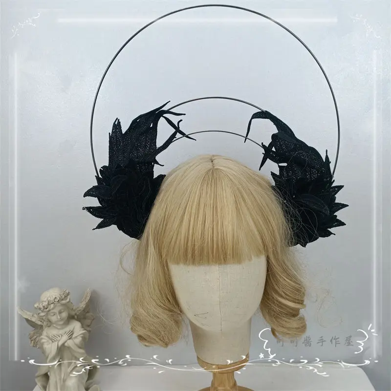 Virgin Halo Lolita Angel Demon Berrying Wings Retro Pope Crown Headband Halloween Cosplay Headwear Hair Accessories