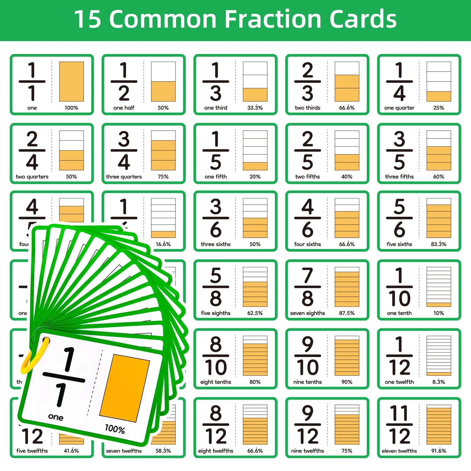 15pcs Double-Sided Fraction Cards, Math Teaching Aids for Kids,  an Educational Tool for Math Fractions in Home and School - 5