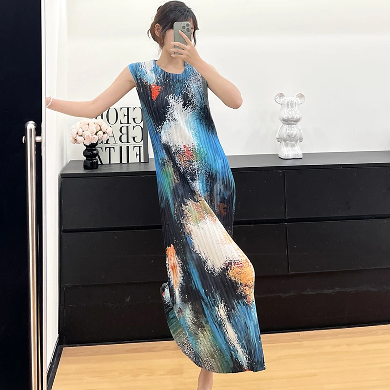 LANMREM Pleated Famale Clothing 2025 New Vacation Style Sweet Elastic Slim Sleeveless O-neck Printting Women's Dress 2DB3774 - Image 3