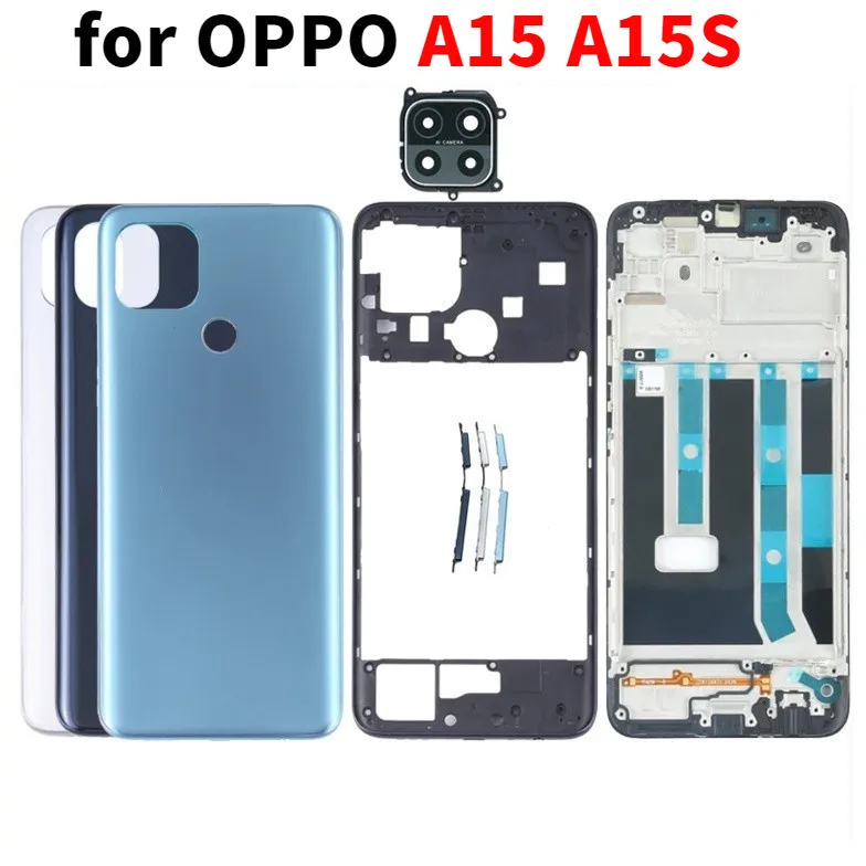 Задняя крышка аккумулятора для OPPO A15 A15S CPH2179 CPH2185, передняя средняя рамка ЖК-дисплея + объектив камеры и Боковая кнопка