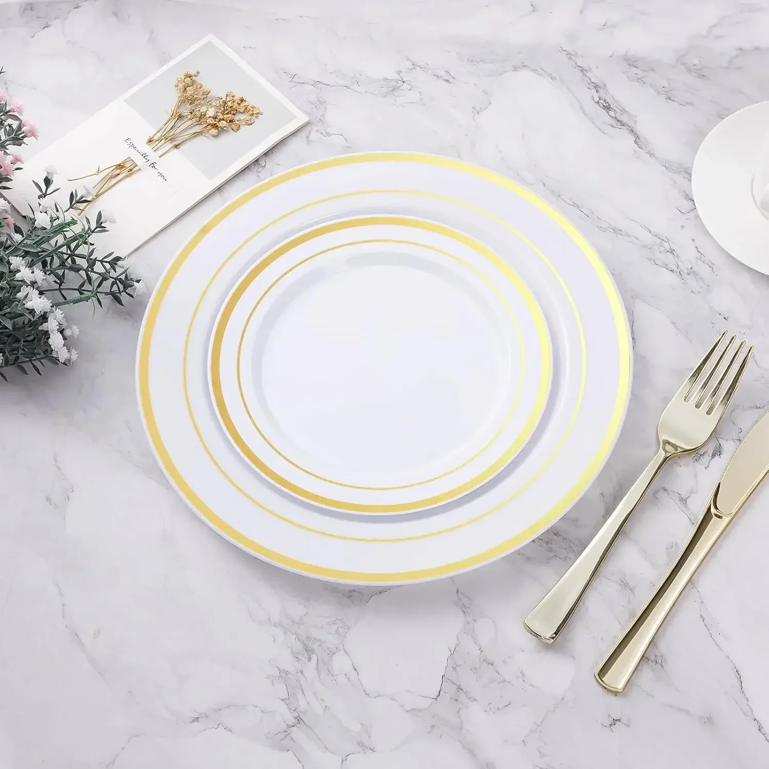100PCS Gold Plastic Plate 10.25 Inch Disposable Dinner Plate Party with Gold Rim, Heavy Duty Disposable Plastic Plates for Party