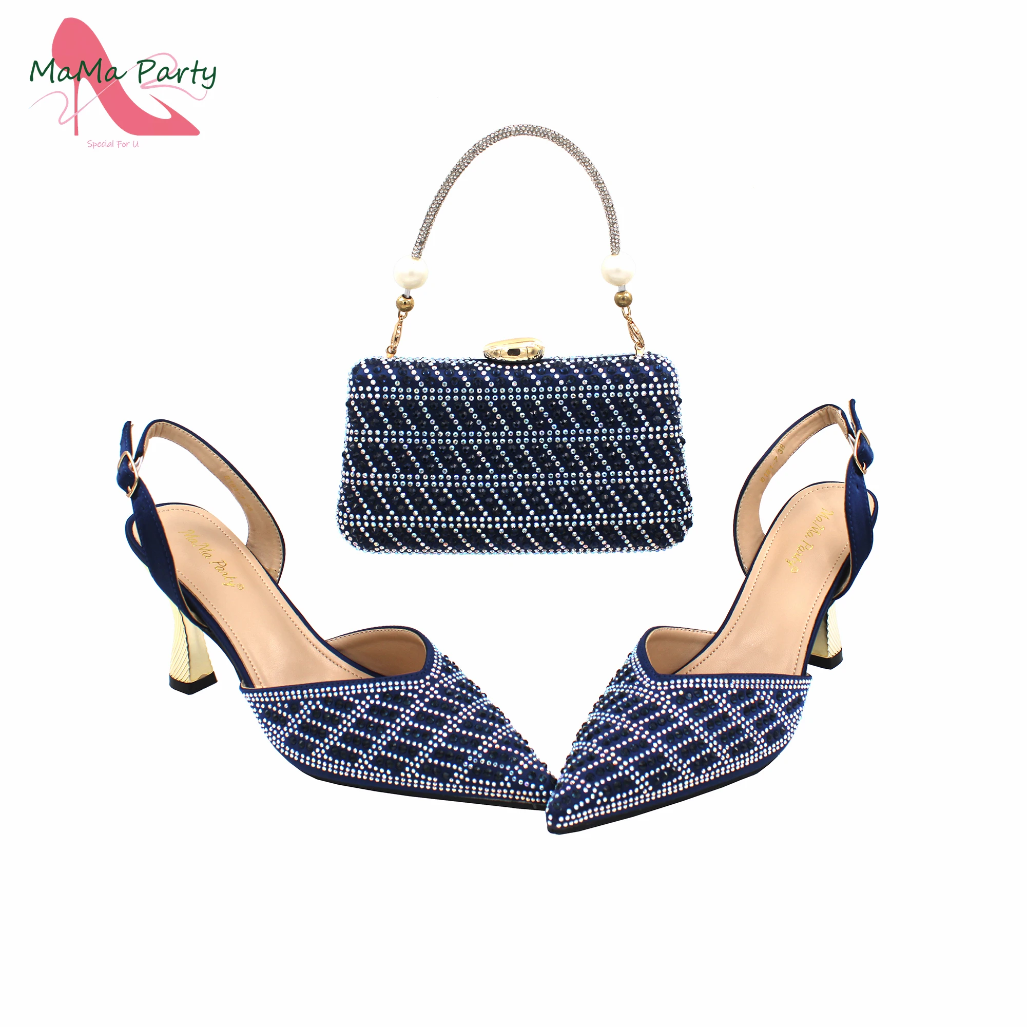 Navy Blue New Arrivals Italian Design 2024 Summer Hot Sale Shoes and Bag Set for Nigerian Women Pointed Toe Pumps for Party