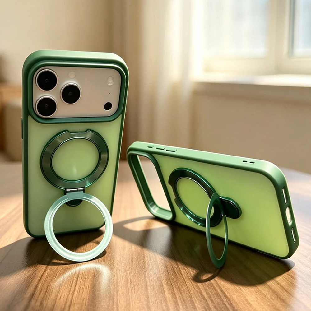 Luxury Magnetic Ring Holder Kickstand Case with Skin Texture and Magsafe Compatibility