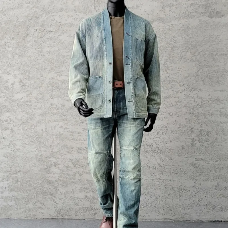 Amekaji Wear Clothes Men Blue Dyed Denim Robe Jacket Cardigan Coat Retro Washed Dyed Distressed 3