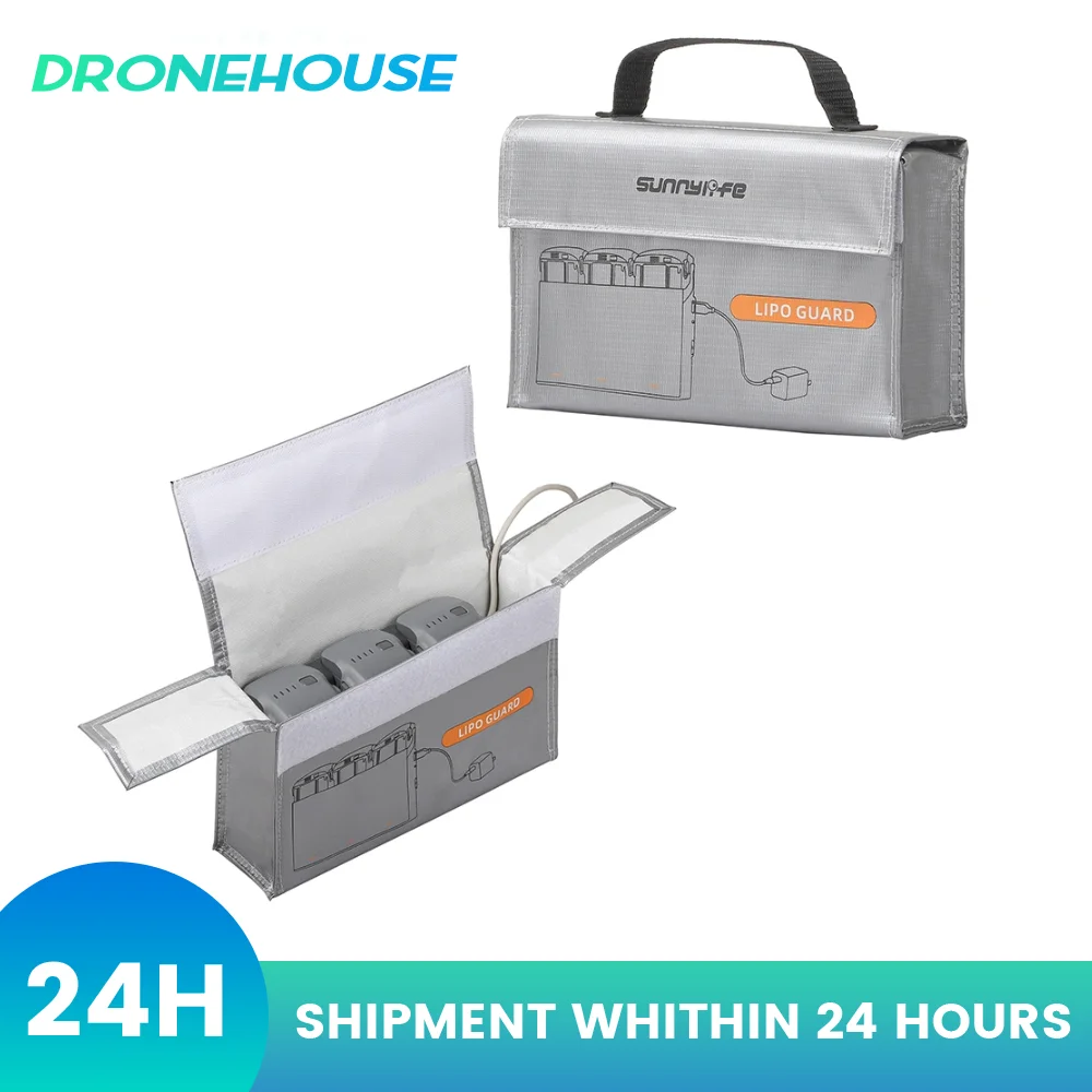 Sac de transport pour batterie drone ignifuge gris et vert, fermeture éclair et poignée de transport.