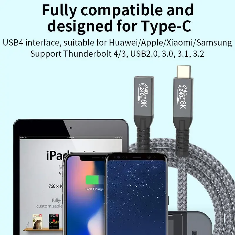 90도 썬더볼트 4 USB C 연장 케이블 40Gbps PD240W 고속 충전 타입 C 데이터 케이블 8K@60Hz 삼성 화웨이 맥북용
