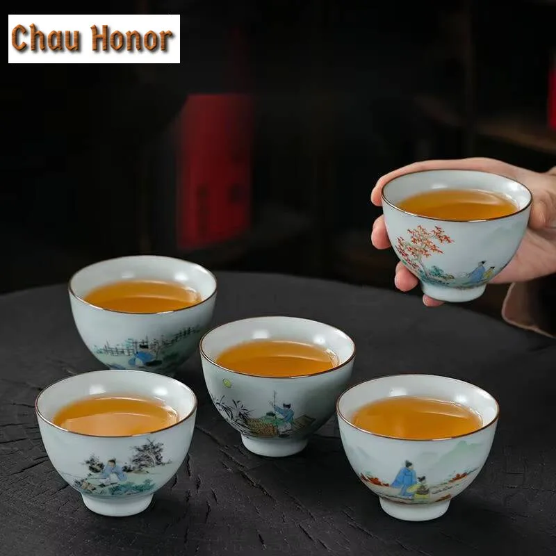 130ml Hand-painted Landscape Ceramic Teeacup Handmade Ru Kiln Water Porcelain Master Cup Open Piece Tea Bowl Jianzhan Teaware