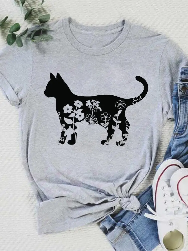 

Women Female Summer Short Sleeve Casual T-shirts Cat Floral Cartoon Trend Cute Graphic Tee Fashion T Clothing Print Clothes
