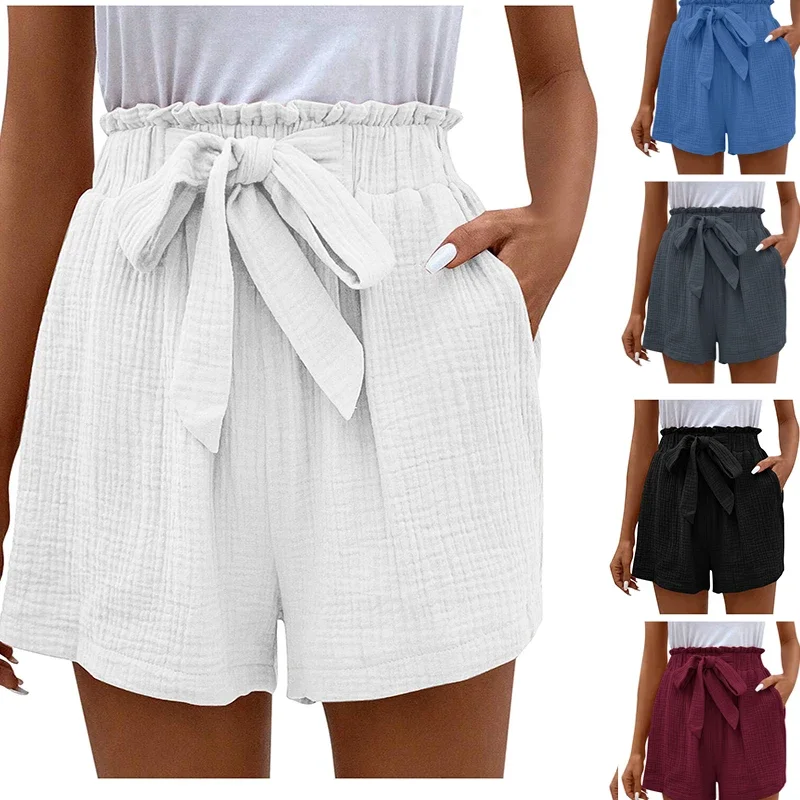 Women's Cotton Linen High Waist Shorts Sweet Soft Comfortable Bow Tie Elastic Waist Summer Pants Loose Casual Wide Leg Shorts