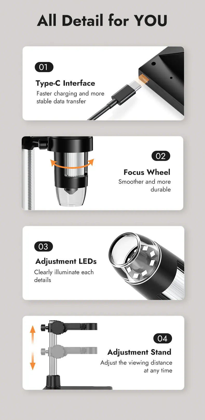 4.3"IPS Digital Microscope with 8 LEDs1000X Magnification Coin Microscope USB El