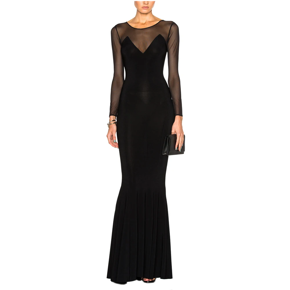 

Fall Women's Clothing Long Dress Mesh Stitching Modal Slim-Fit Sheath Swing Dress