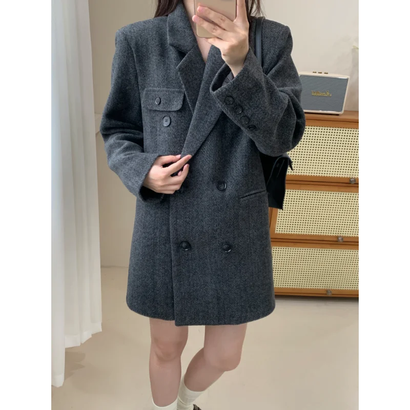 Coffee Color Double-breasted Woolen Lady Suit Jacket Autumn Winter Vintage Office Loose Casual Fashion Cotton Lining Women Coat