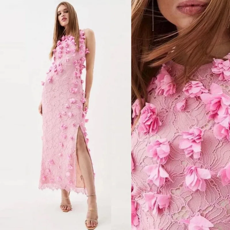 Aleeshuo Sweet Pink Mermaid Evening Dresse Lace Appliques Pleat 3D Flowers Backless O-Neck Party Prom Ankle-Length Evening Gown 2021 elegant black backless floor length a line evening dresses long sleeve v neck flare lace appliques sequins party prom gown