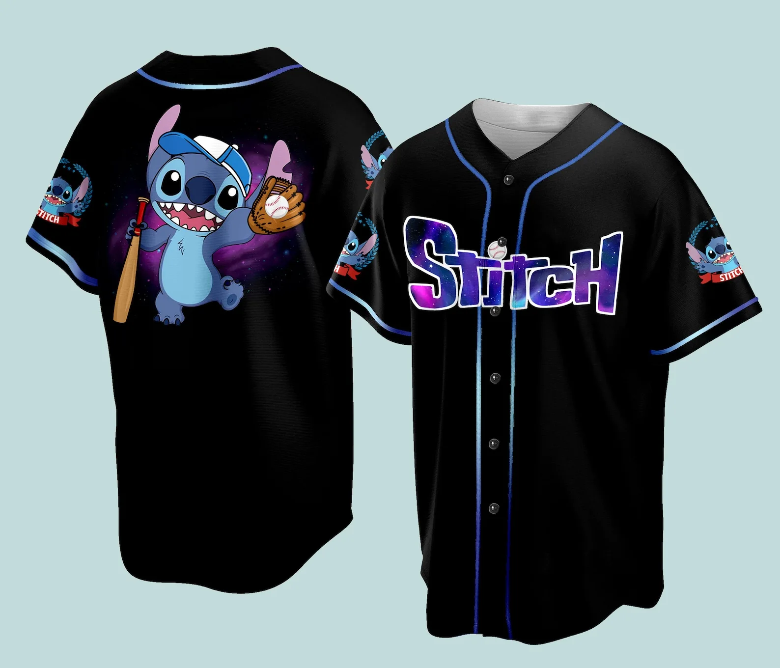 Stitch Blue Purple Patterns Disney Cartoon Outfits Custom Baseball Jerseys  For Men And Women