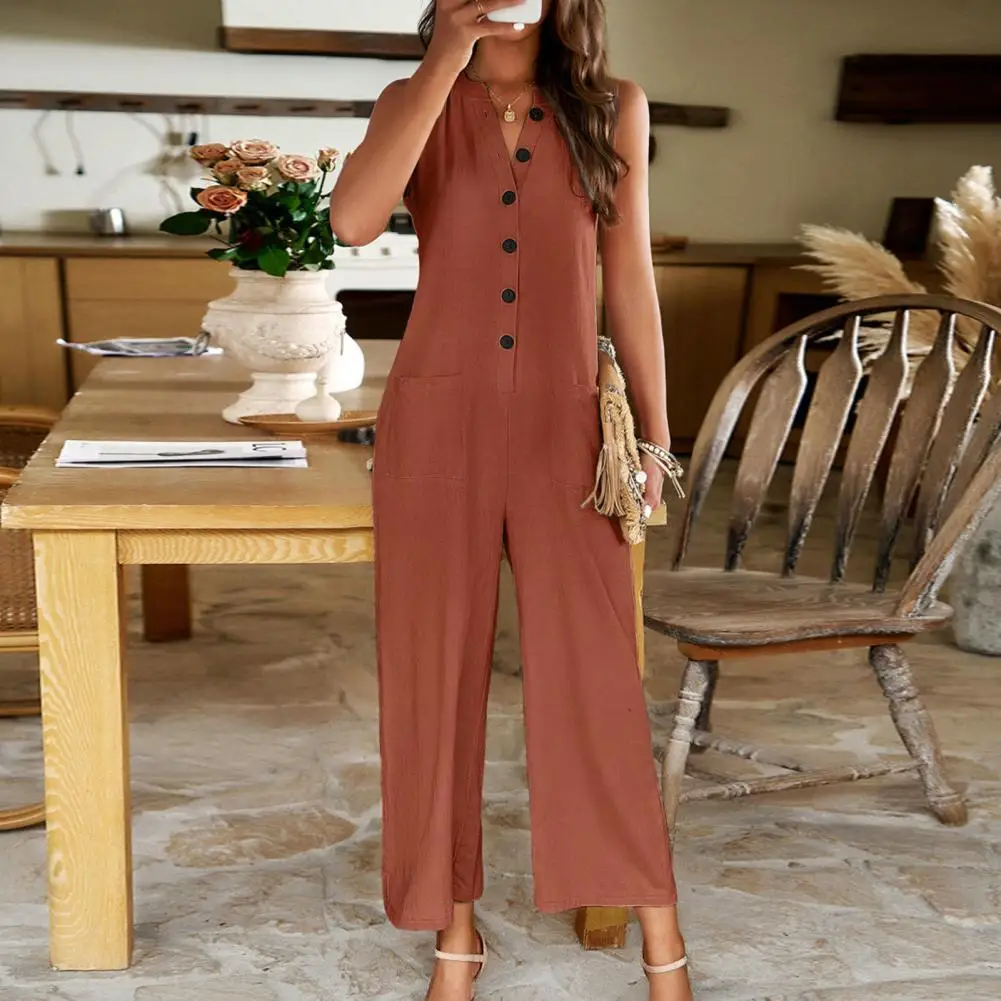 

Women Wide-leg Jumpsuit Loose Fit Jumpsuit Stylish Women's V Neck Jumpsuit for Summer Office Wear Breathable Ankle Length