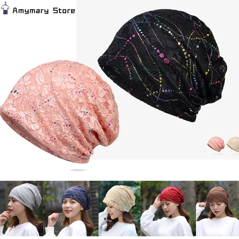 

New Women's breathable Thin lace Beanie Hats Female Cotton Casual Hat Baggy Slouchy muslim turban Chemo Cap Islamic Indian Hat