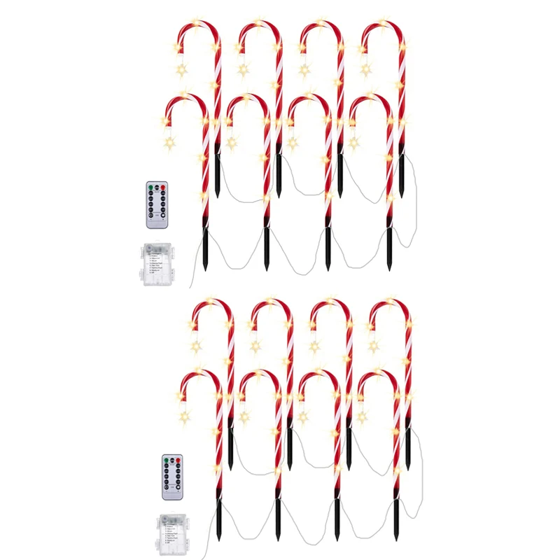 Meonum 10 Luci Natalizie A Forma Di Bastoncino Di Zucchero Per Esterni - 20 LED Cadauna, 8 Modalità, Timer 6/18h, Altezza 42cm, Con Fiocco, Rosse/Verdi/Bianche - 2