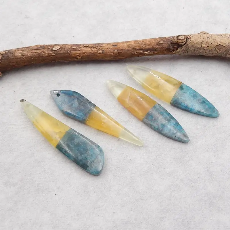 4Pcs Natural Stone Yellow Opal,Blue Apatite Crystal,Nephrite Jade Intarsia Necklace Accessories Pendant Beads 45x11x4mm 13g
