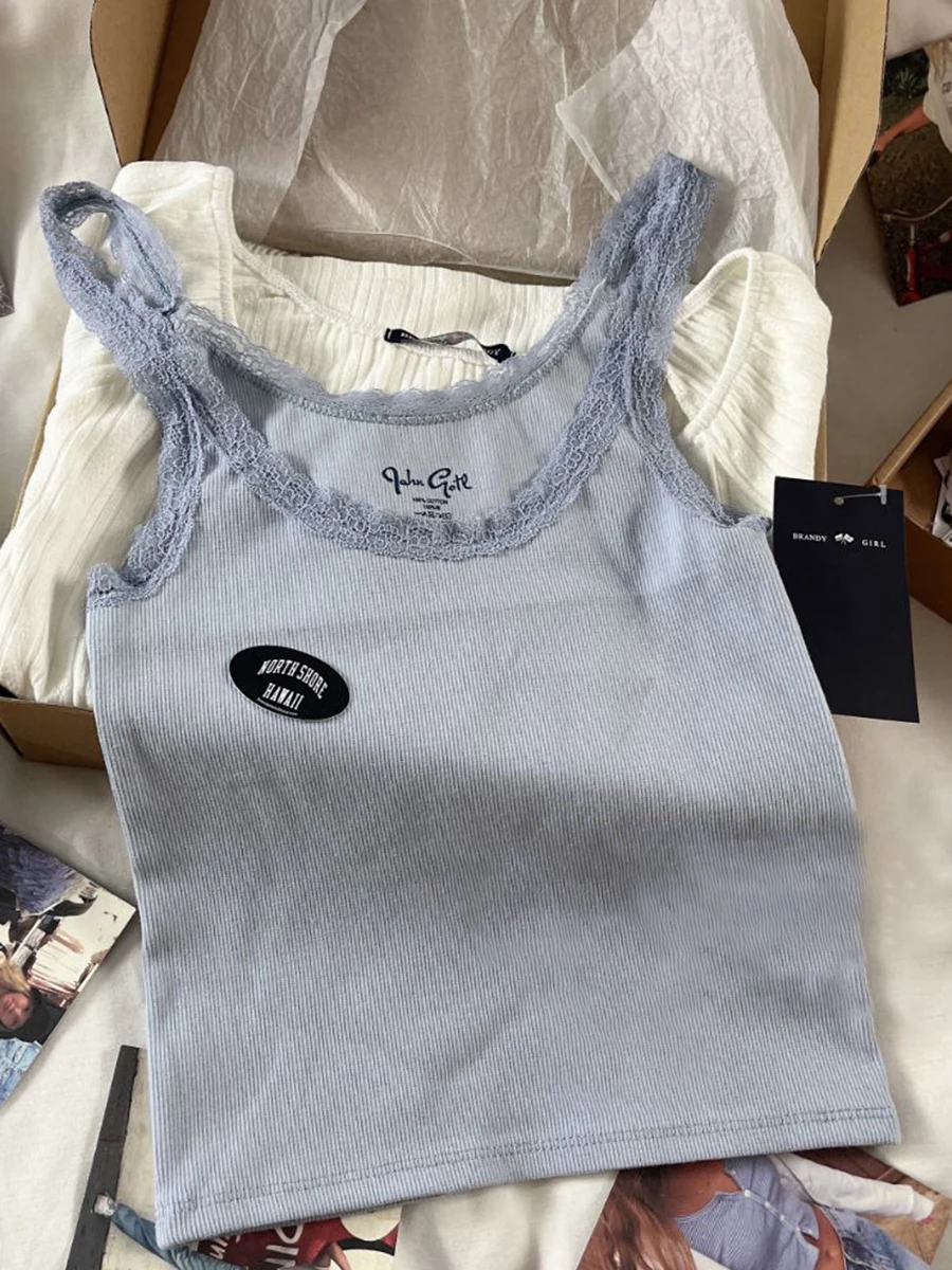 

Женский Кружевной укороченный топ, голубой облегающий хлопковый топ без рукавов в стиле преппи, винтажный шикарный жилет, Y2K, на лето