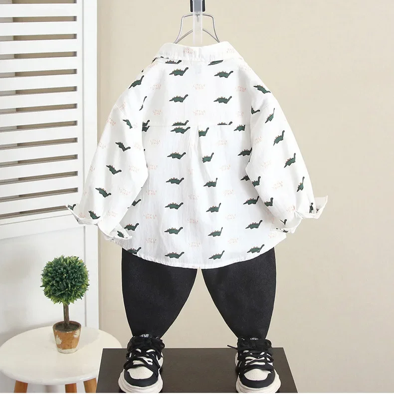 Cool Dinosaur Long Sleeve Shirt for Boys Spring Autumn Children's Clothing Dino Print Fashionable Baby Outfit