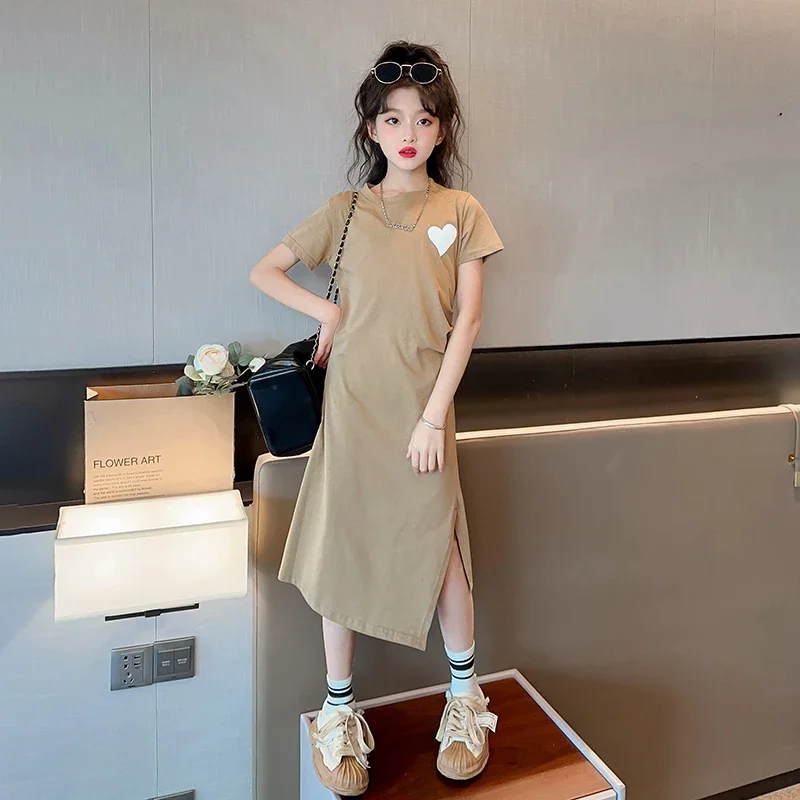 Abiti Per Bambini Summer Girls Slim Long Dress Casual Manica Corta Split Dress Per 5 6 7 8 9 10 11 12 13 14 Anni Abbigliamento Per Bambini