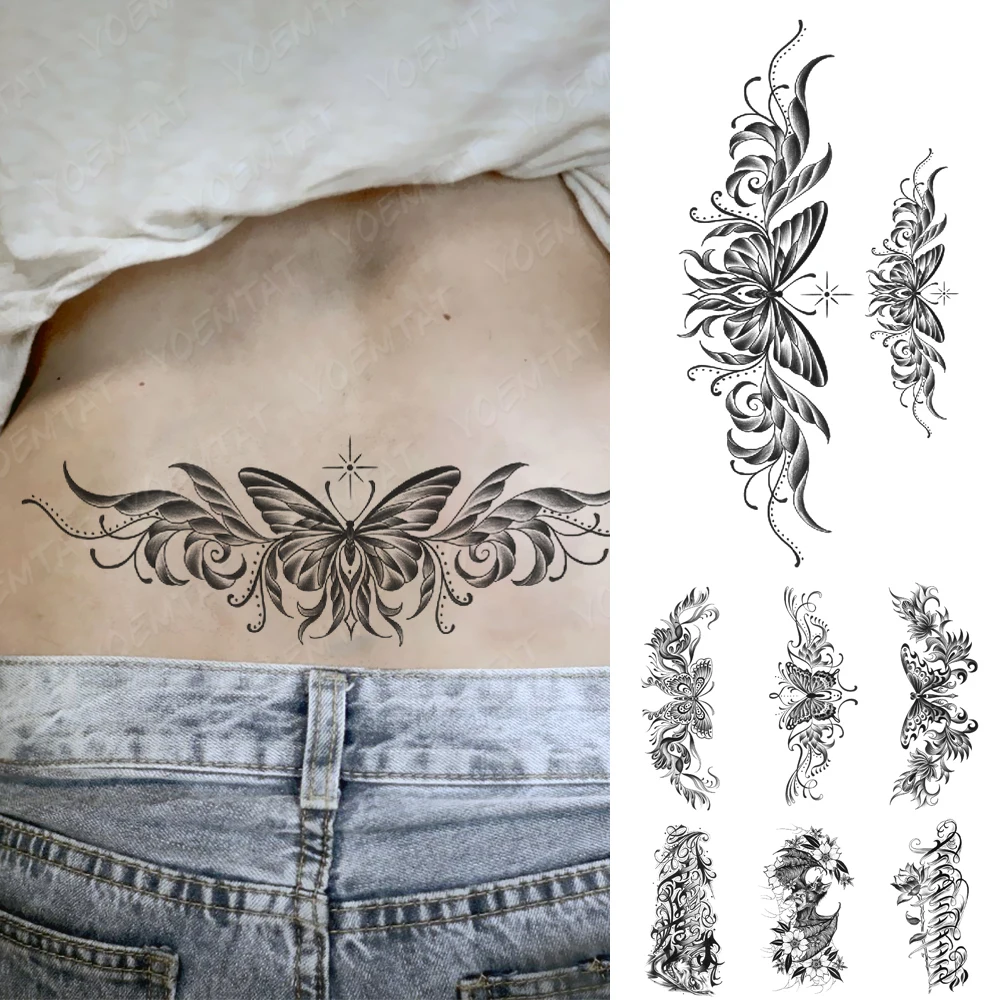 

Waterproof Temporary Tattoo Sticker Line Butterfly Flowers Tatto Henna Black Couple Body Art Women Men Arm Fake Sleeve Tattoos