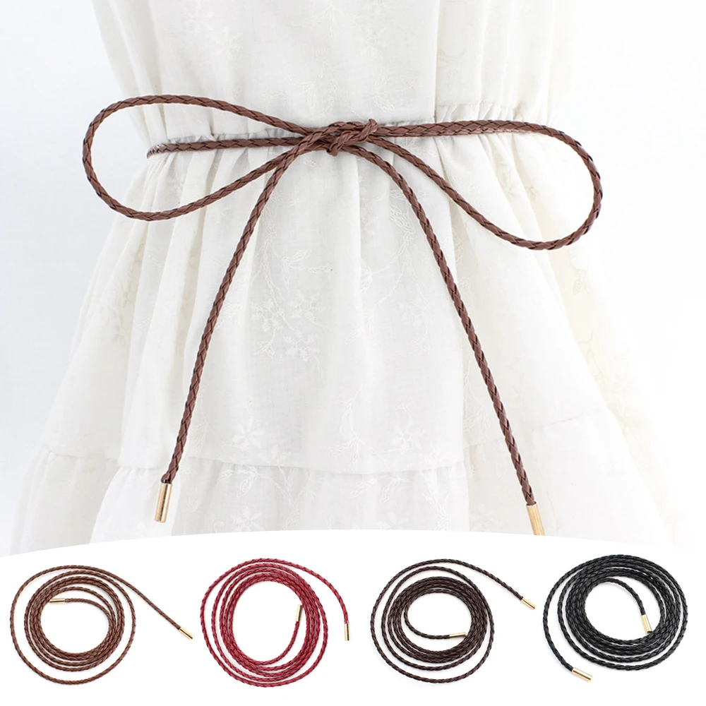 5579 Round Knotted Leather Rope Belt Women Tie Waist Strap Long Thin Inzegao Round Knotted Leather Rope Belt Women Tie Waist  main image 3