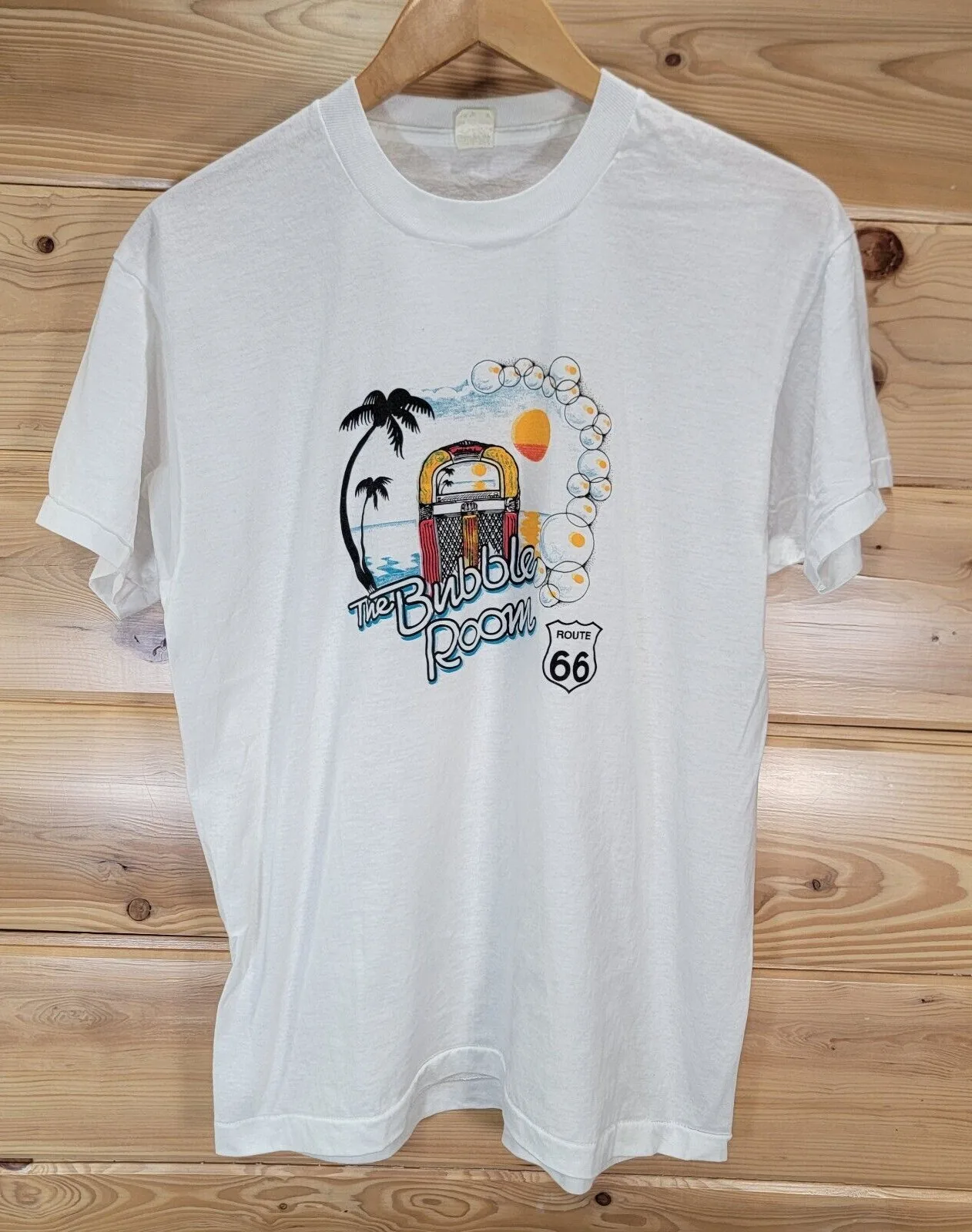 Vtg 80S The Bubble Room Route 66 T Shirt Uomo Large Juke Box Paradise Palm Tree Maniche Lunghe O Corte