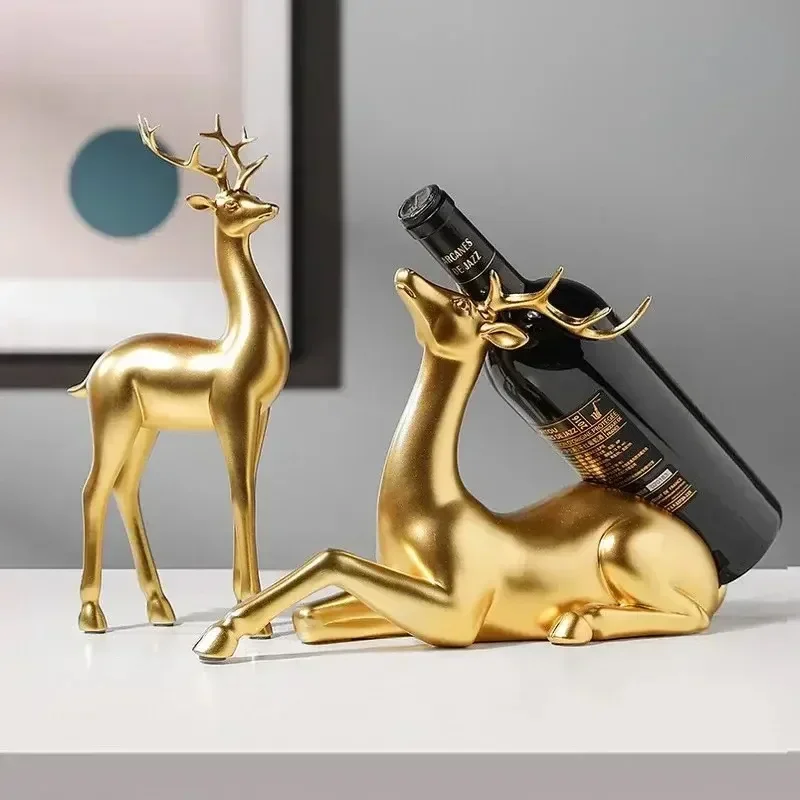 

Golden Deer Figurines European FengShui Ornaments Resin Handmade Art Crafts Animal Statue for Home Living Room Office Decoration