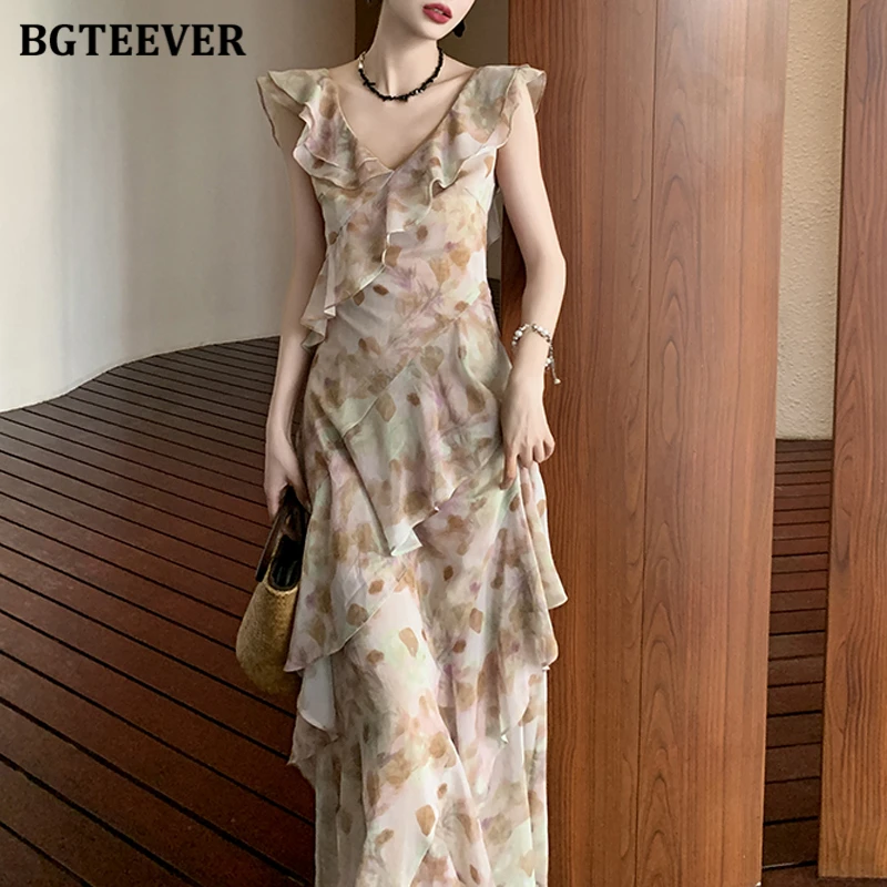 

BGTEEVER Fashion V-neck Ladies Ruffles Floral Mid-Length Dress Elegant Slim Waist Female Sleeveless A-line Dress Spring Summer