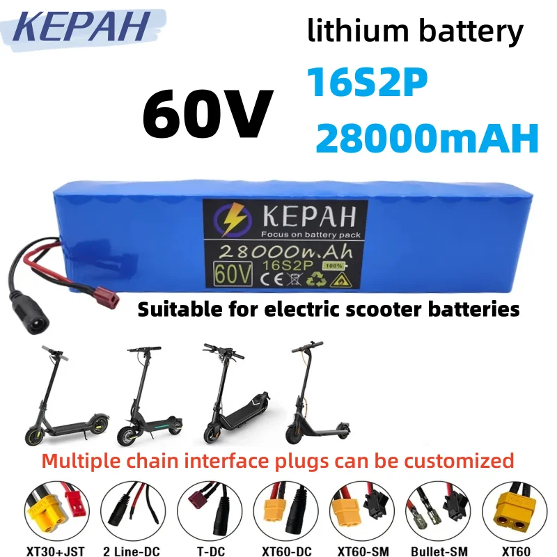 

60V 16S2P 28Ah 18650 rechargeable lithium-ion battery pack 67.2V lithium-ion 28000mAh with BMS lithium battery