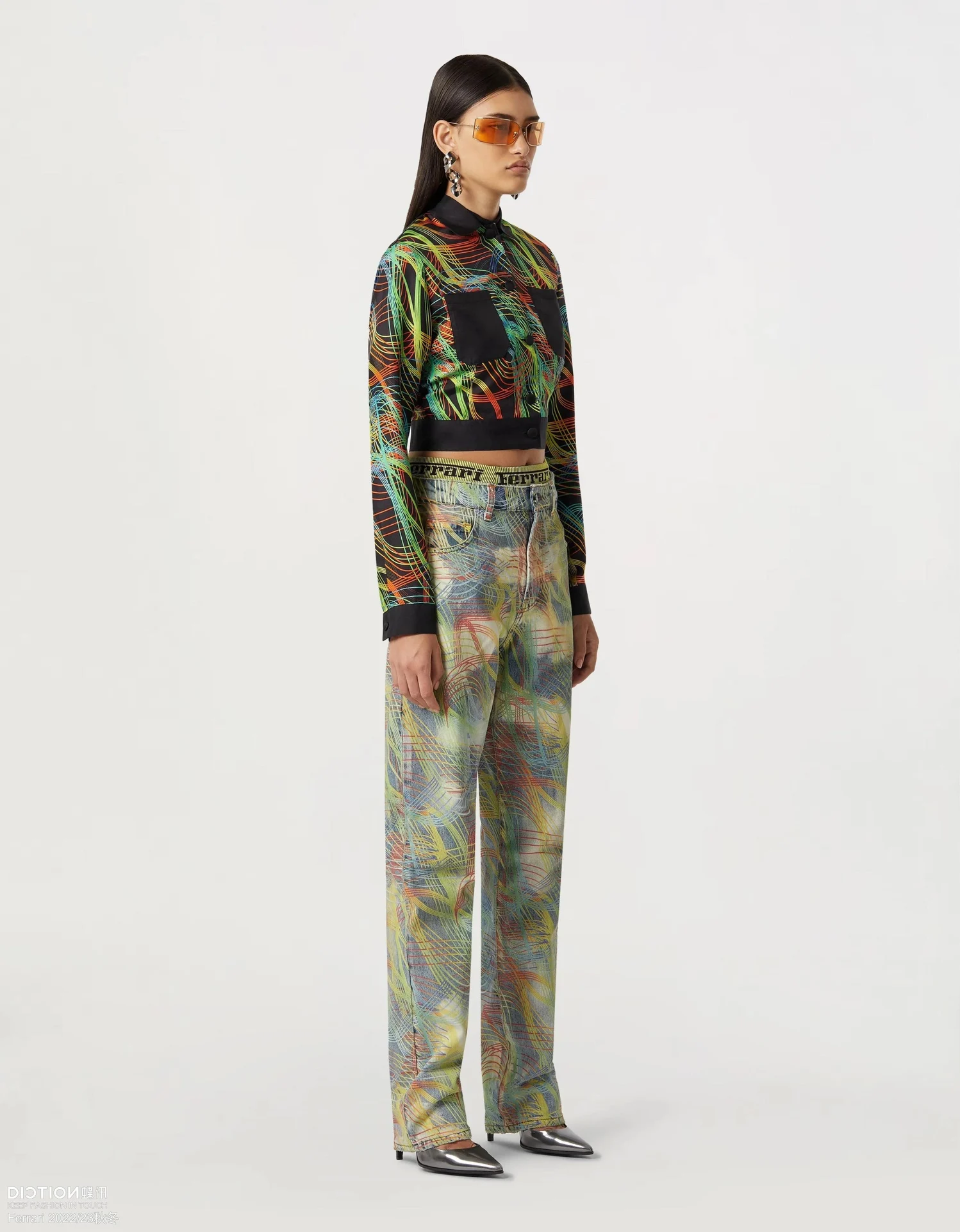 

Women Shirt Hand-Painted V-Neck Single Breasted Splicing Long Sleeve Slim Short Tops High Street Spring Summer 2023 New