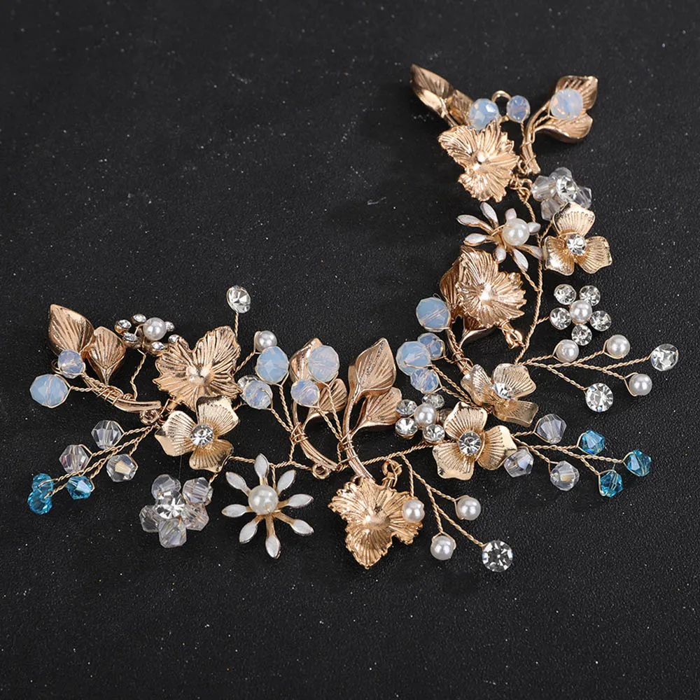 Women Leaf Headband Gold Crystal Rhinestone Flower Wedding Bridal Hair Accessories Bride Bridesmaid Pearl Jewelry Party Tiaras