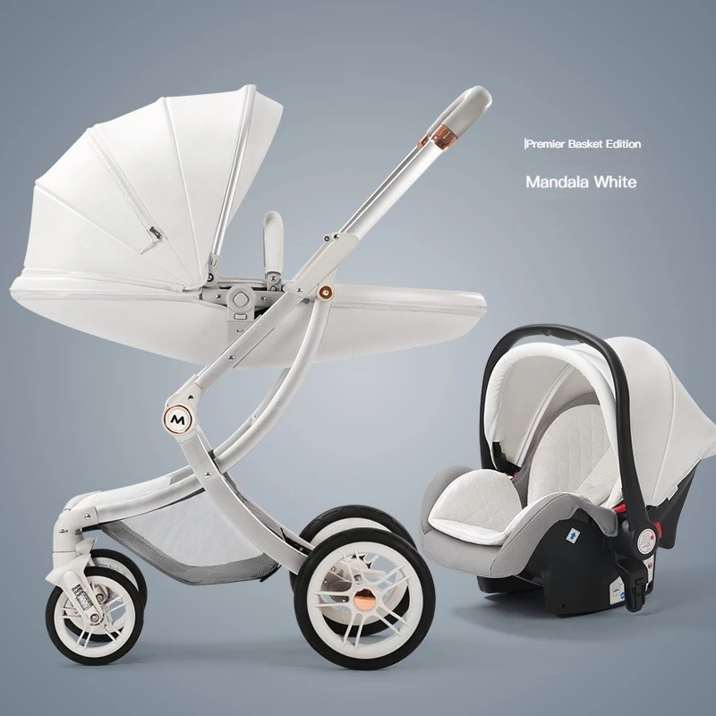 New Luxury Baby Stroller Can Sit and Lie Two-way Folding Stroller Newborn Baby White Eggshell PU Leather Cariage
