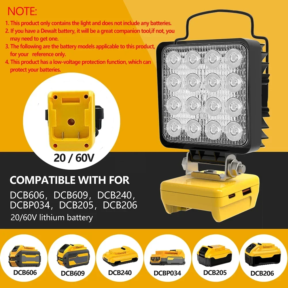 LED Flashlight, LED Work Light, Work Light 16 LED Working Lights Flashlight Torch Spotlights Type C USB Power Bank For DeWalt 18V 20V Lithium Battery High Low Beam Control