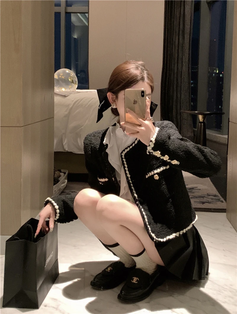 Vintage Tweed Jackets Women Elegant Black Cropped Suit Coat Korean Thicken Blazer Single Breasted Short Outerwear Tops New