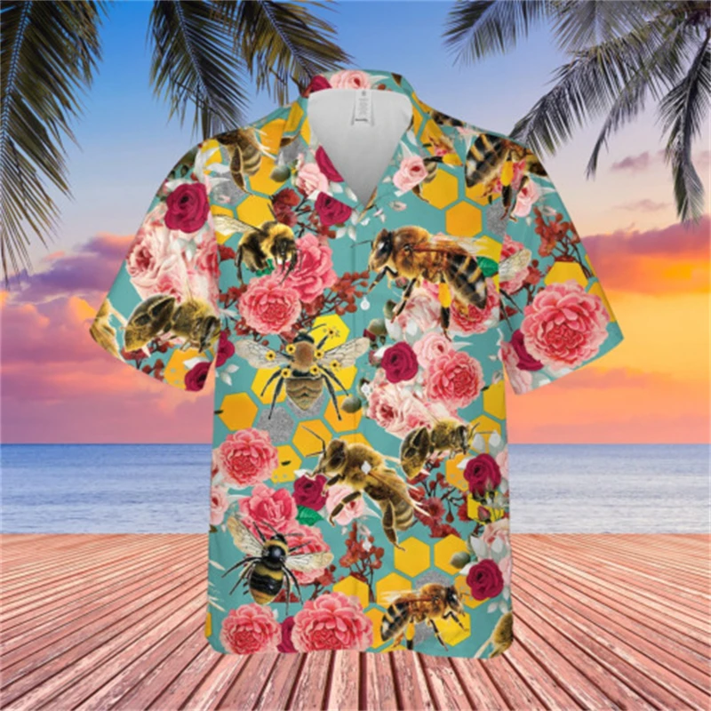 Camisas casuales de manga corta con botones y solapa con estampado 3D de abejas para hombre, ropa para hombre, camisa hawaiana de verano, ropa de calle para hombre