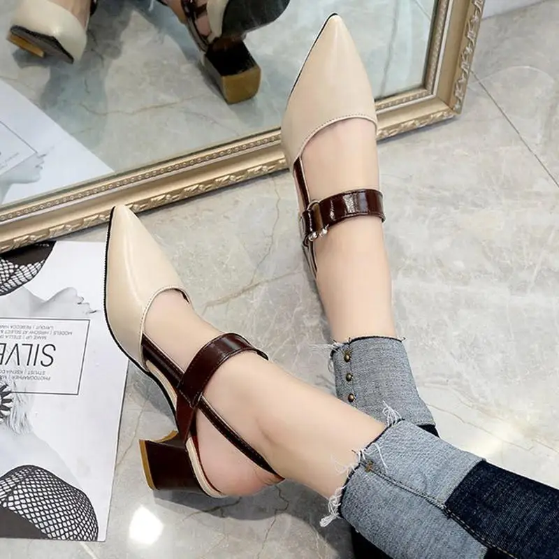 Women's High Heels Sandals Summer Pointed Toe Lady Pumps Buckle Design Shoes for Women Thick Casual Lady Fashion Sandalias