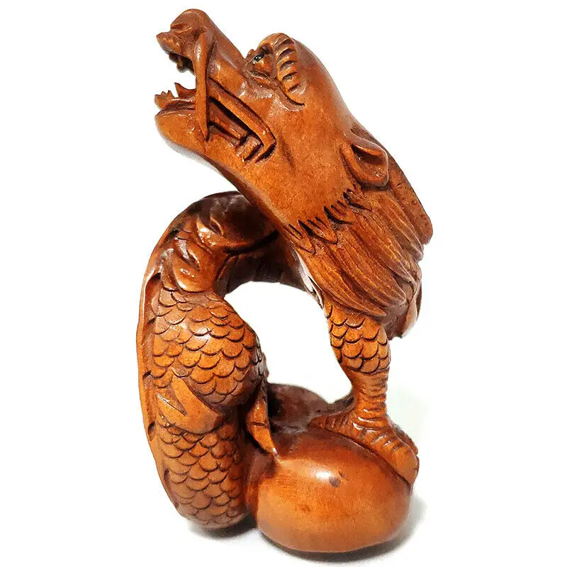 Y5998 - Collectible 20 Years Old 2 " Hand Carved Boxwood Netsuke Figurine Carving : Dragon