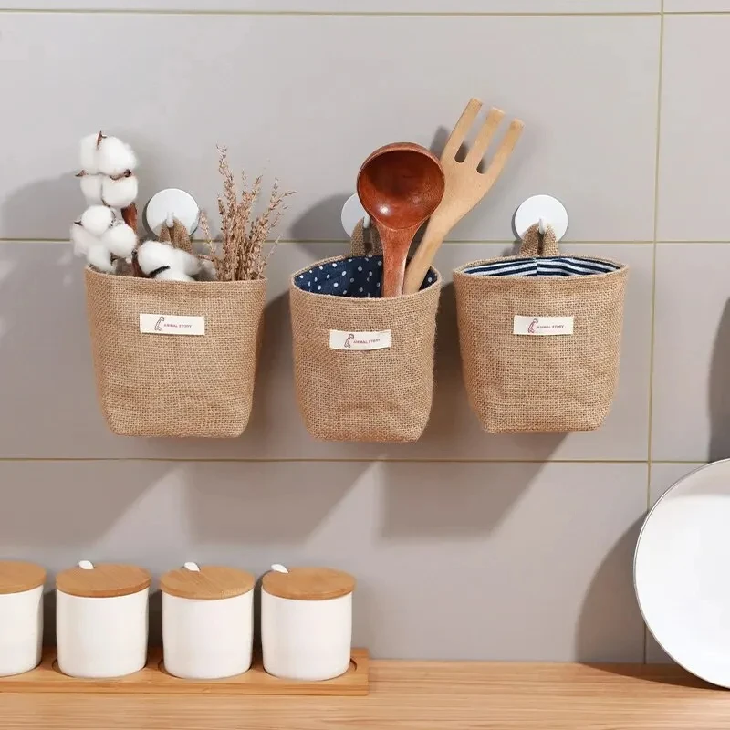 2Pcs Cotton And Linen Fabric Storage Bag Wall Hanging Storage Bag Hanging Pocket Behind The Door Dormitory Mini Cloth Bag 5