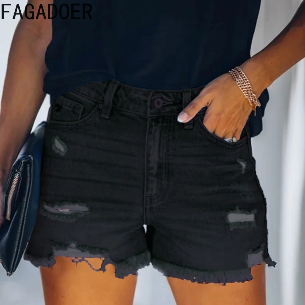FAGADOER Summer New Denim Hole Shorts Women High Waisted Button Pocket Slim Jean Fashion Female Solid Color Cowboy Bottoms 2024
