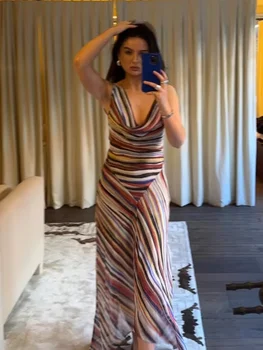 Women Sleeveless Stripe Maxi Dress Cowl Neck Multicolor Ruched Bodycon High Slit Chiffon Vestido Sexy Evening Party Summer Gown 1