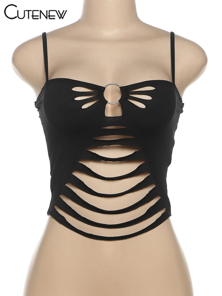 Ruched Sexy Camis Women Attractive Metal Rings Chic Cut Out Shape Low Neck Backless Skinny Solid Tanks Mujer Club Tops