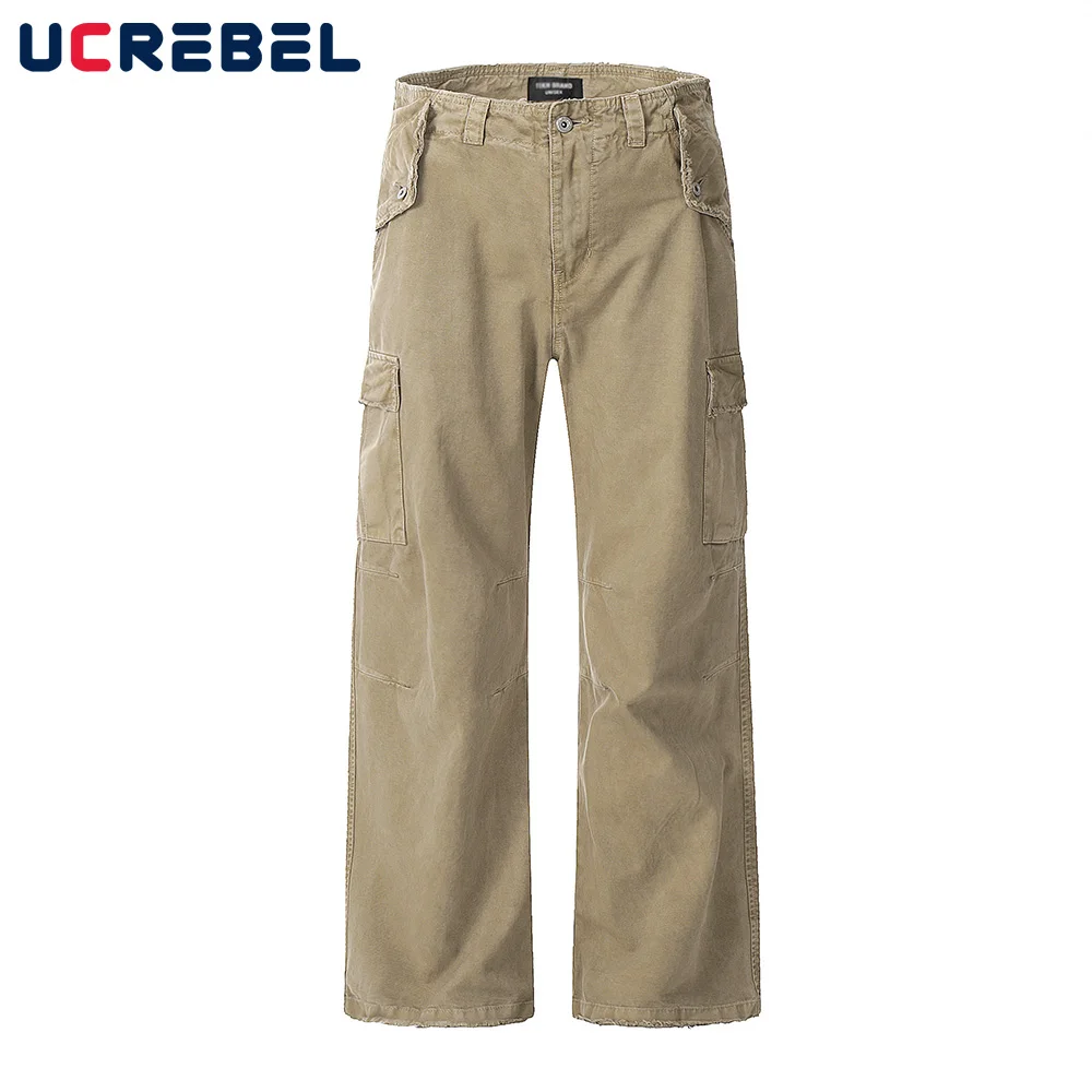 

Pocket Cargo Pants Mens High Street Distressed Loose Wide Leg Spliced Raw Edge Straight Trousers Men