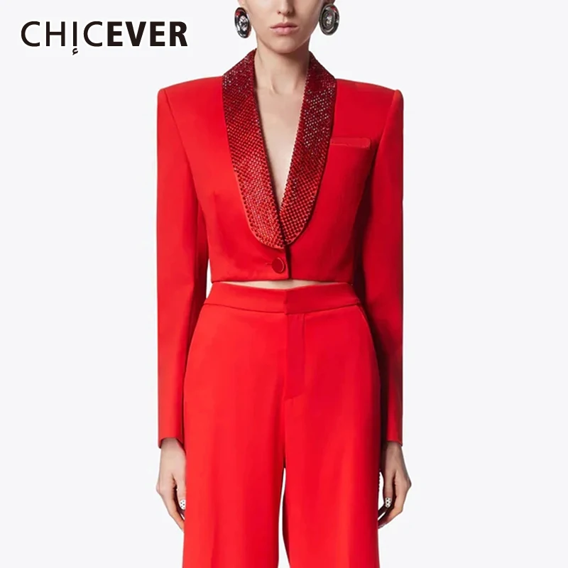 

CHICEVER Temperament Backless Blazers For Women Notched Collar Long Sleeve Spliced Diamonds Solid Hollow Out Slim Blazer Female