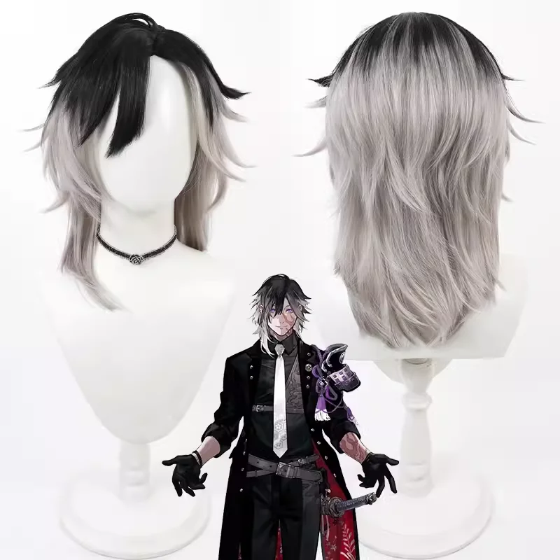 

Touken Ranbu Online Jikkyuu Mitsutada Cosplay Wig Gray Black Mixed Heat Resistant Synthetic Hair Halloween Role Play Party + Wig