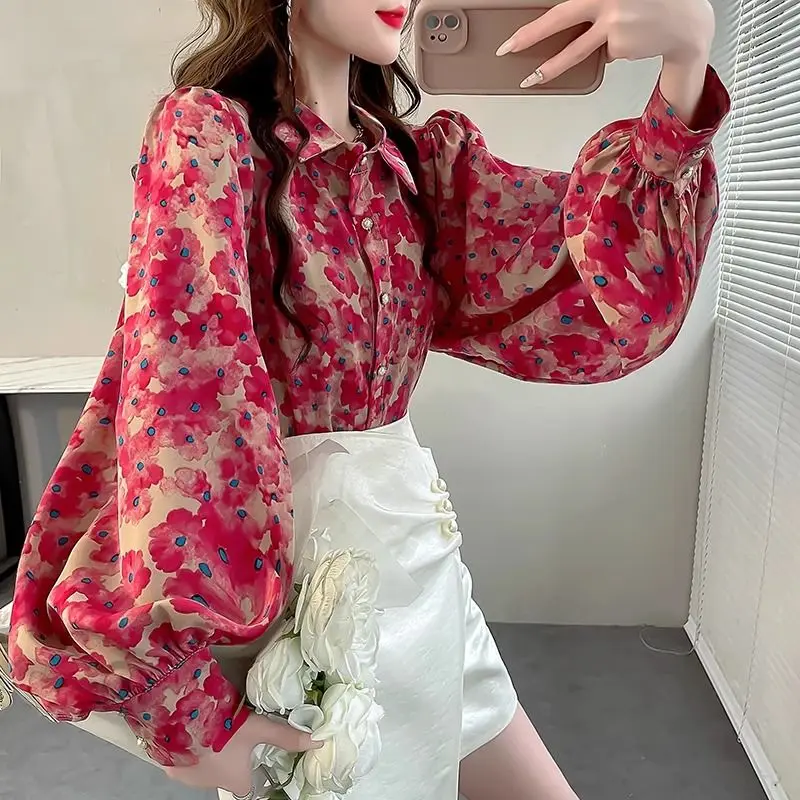 여성용 폴로 칼라 패션 랜턴 소매 셔츠, 우아한 캐주얼 루즈 프린팅 단추 가디건, 올매치 상의, 용수철 가을 신상