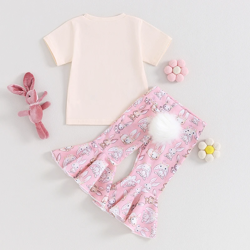 

Easter Day Baby Girl Clothes Set Toddler Hunny Bunny Short Sleeve Shirt Flare Pants Infant Cute Bunny Summer Outfit