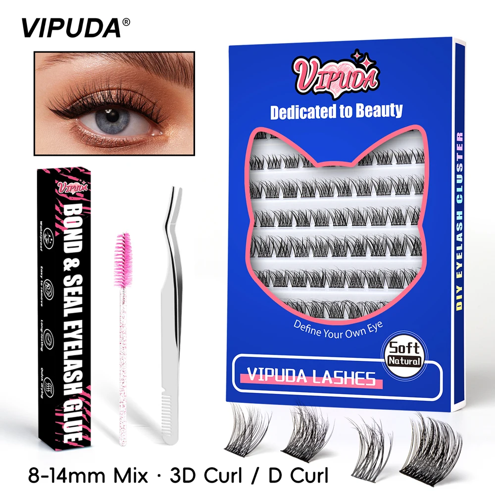 

VIPUDA Individual Lashes Cluster,120pcs 10-16mm Wispy D Curl DIY Mink False Fluffy Eyelash Extension with Glue Bonded Tweezers